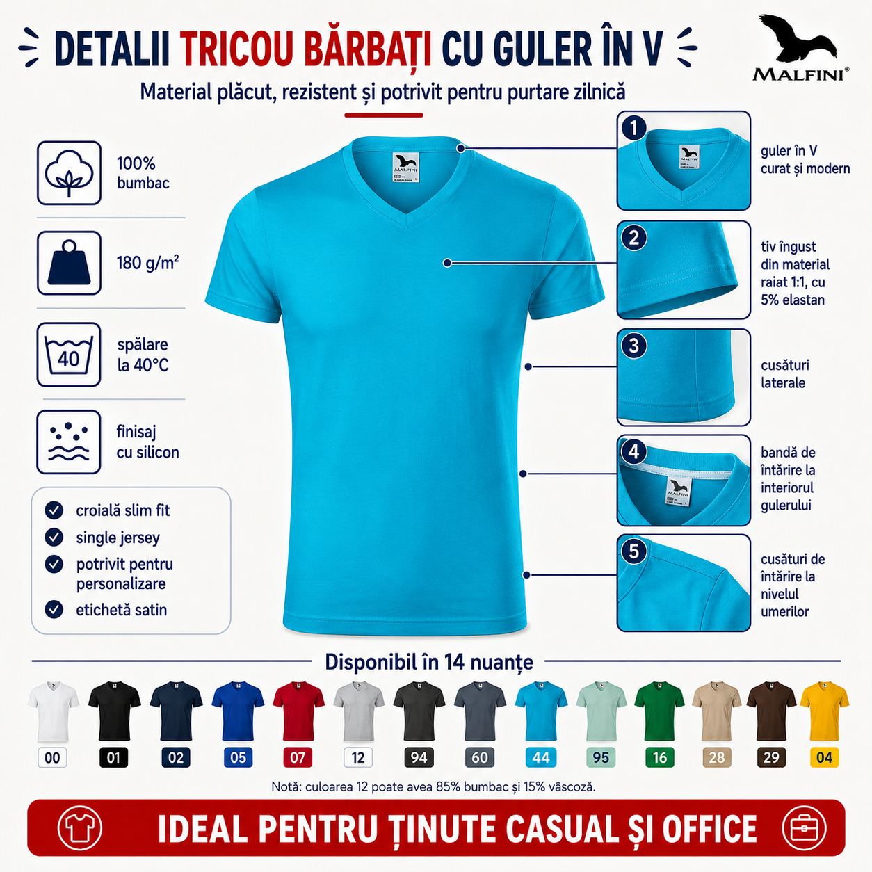 Detalii tricou bărbați Malfini 146 cu guler &icirc;n V, cusături laterale, tiv &icirc;ngust, finisaj cu silicon, 100% bumbac